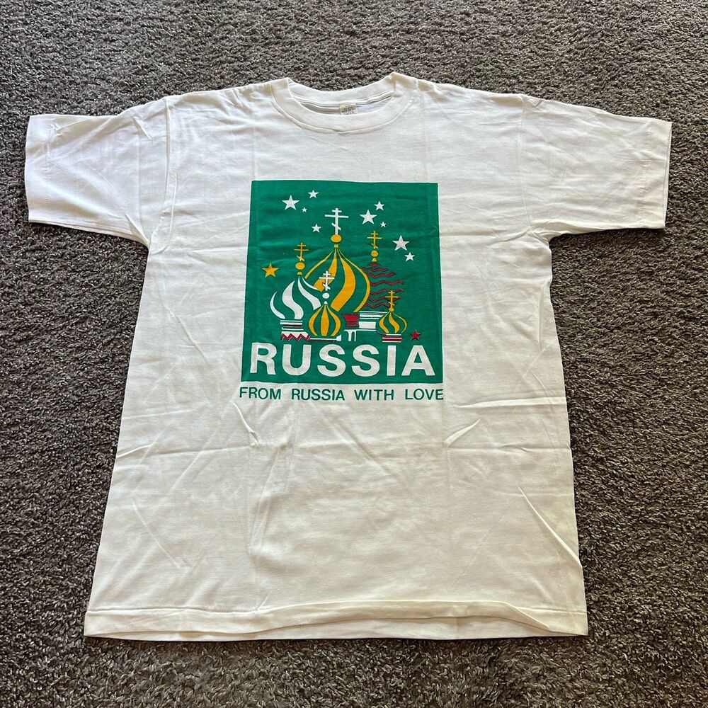 Vintage 80s From Russia With Love Moscow College Flag Art Grunge White Size XL